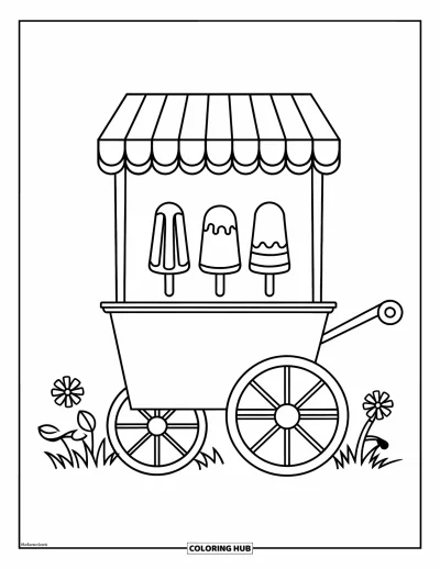 Coloriage de glace à l'eau pour enfants : Un chariot de glaces à l'eau avec trois friandises glacées, entouré de fleurs et d'herbe