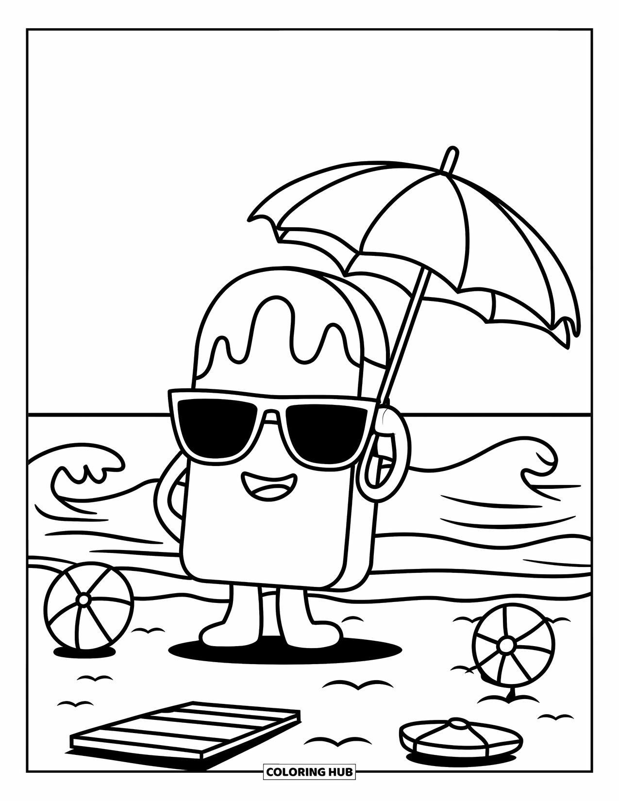Popsicle Coloring Page for Kids: A popsicle character wearing sunglasses and holding a mini umbrella on the beach