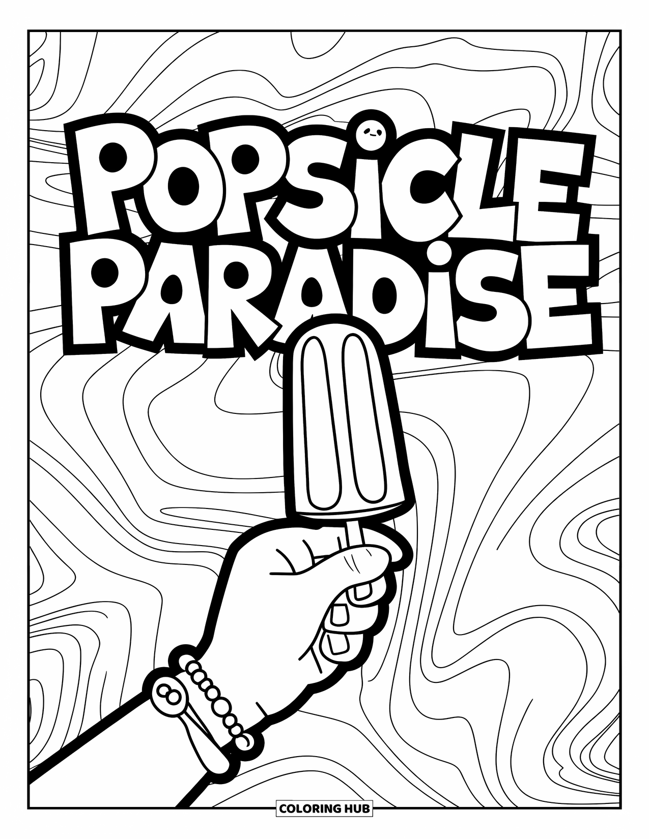 Popsicle Coloring Page for Kids: A popsicle held by a hand with bracelets, set against a graffiti-style backdrop