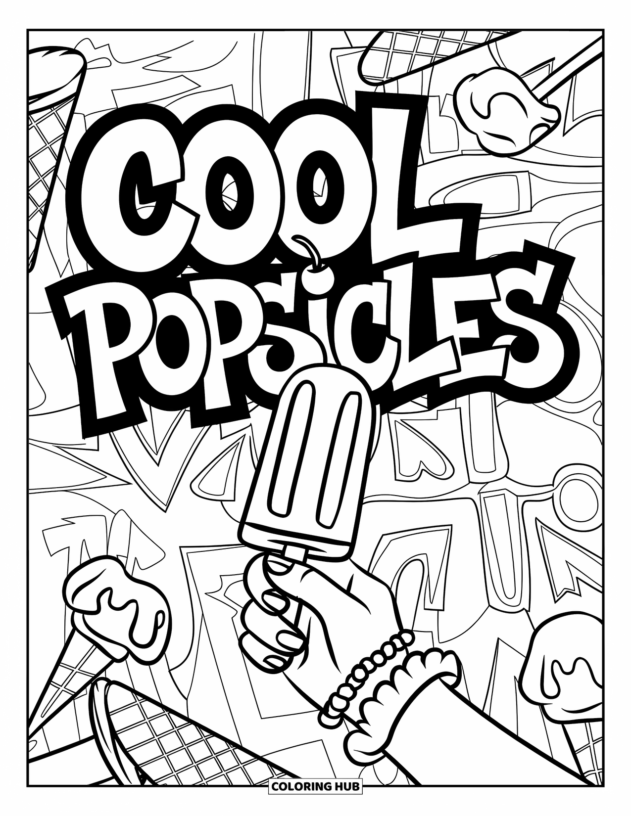 Popsicle Coloring Page for Kids: A popsicle held high, with a graffiti background and bold lettering