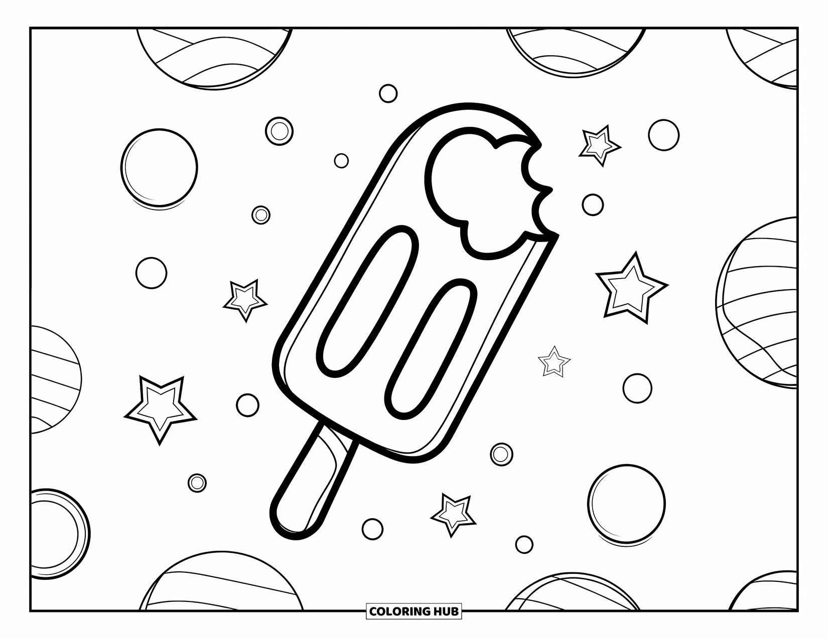 Popsicle Coloring Page for Kids: A popsicle with a heart-shaped bite, surrounded by dots and stars in a cheerful scene