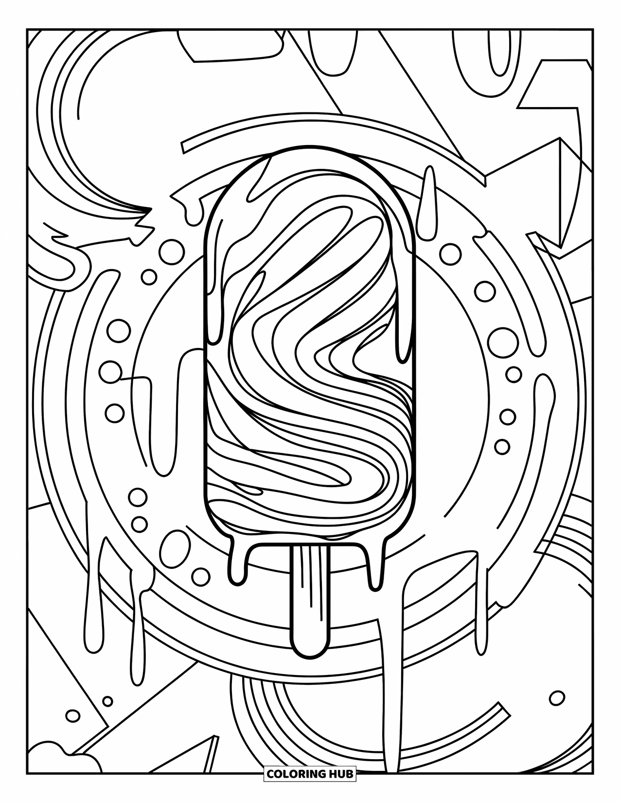 Popsicle Coloring Page for Kids: A rainbow-patterned popsicle melting, against a playful mix of geometric shapes