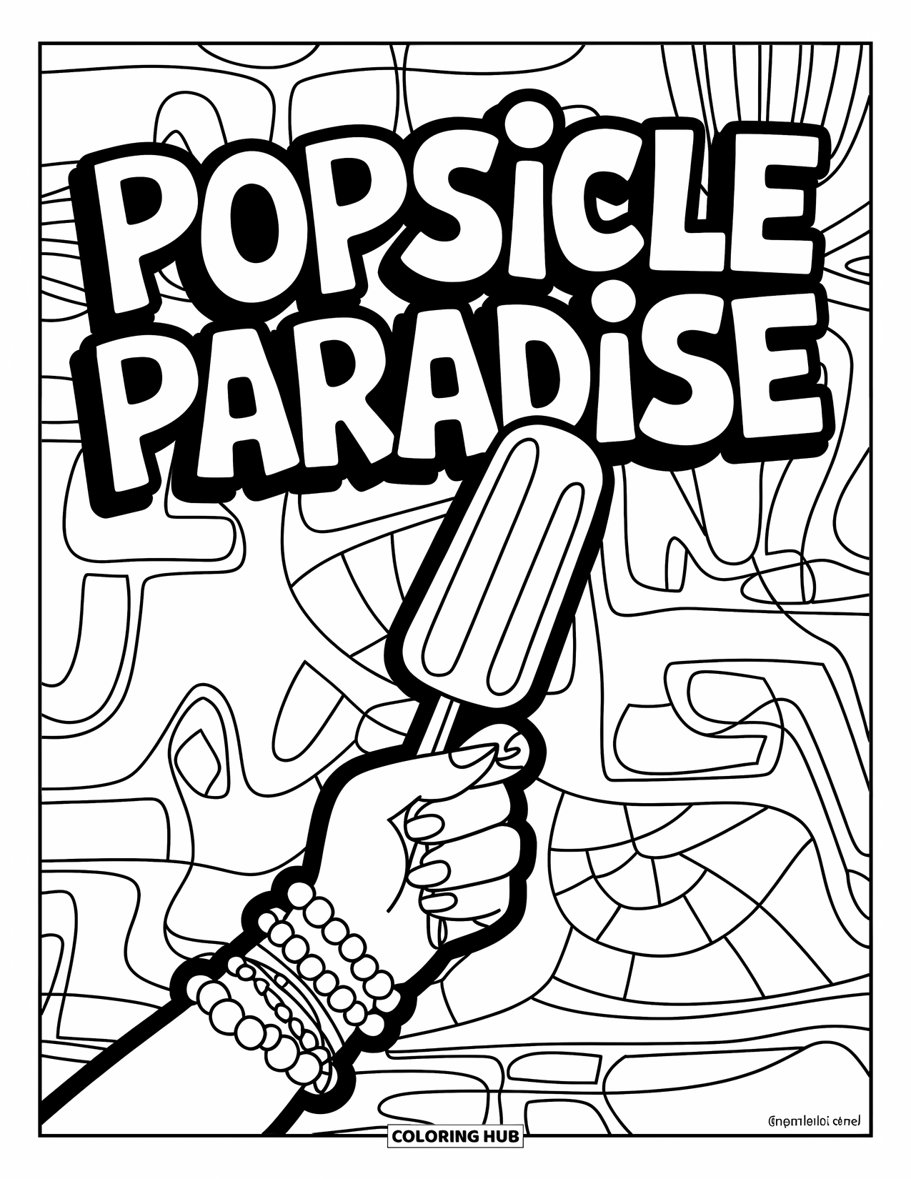 Popsicle Coloring Page for Kids: A stylish hand with bracelets holding a popsicle, against a cool graffiti background