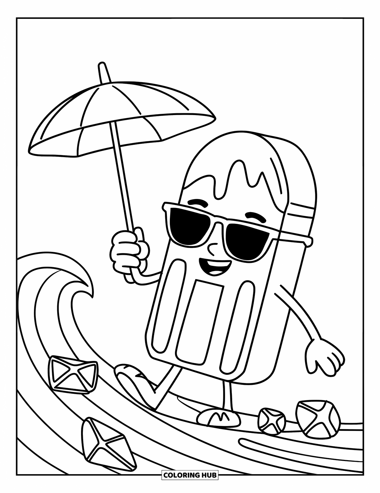 Popsicle Coloring Page for Kids: A stylish popsicle character riding a wave with beach toys around
