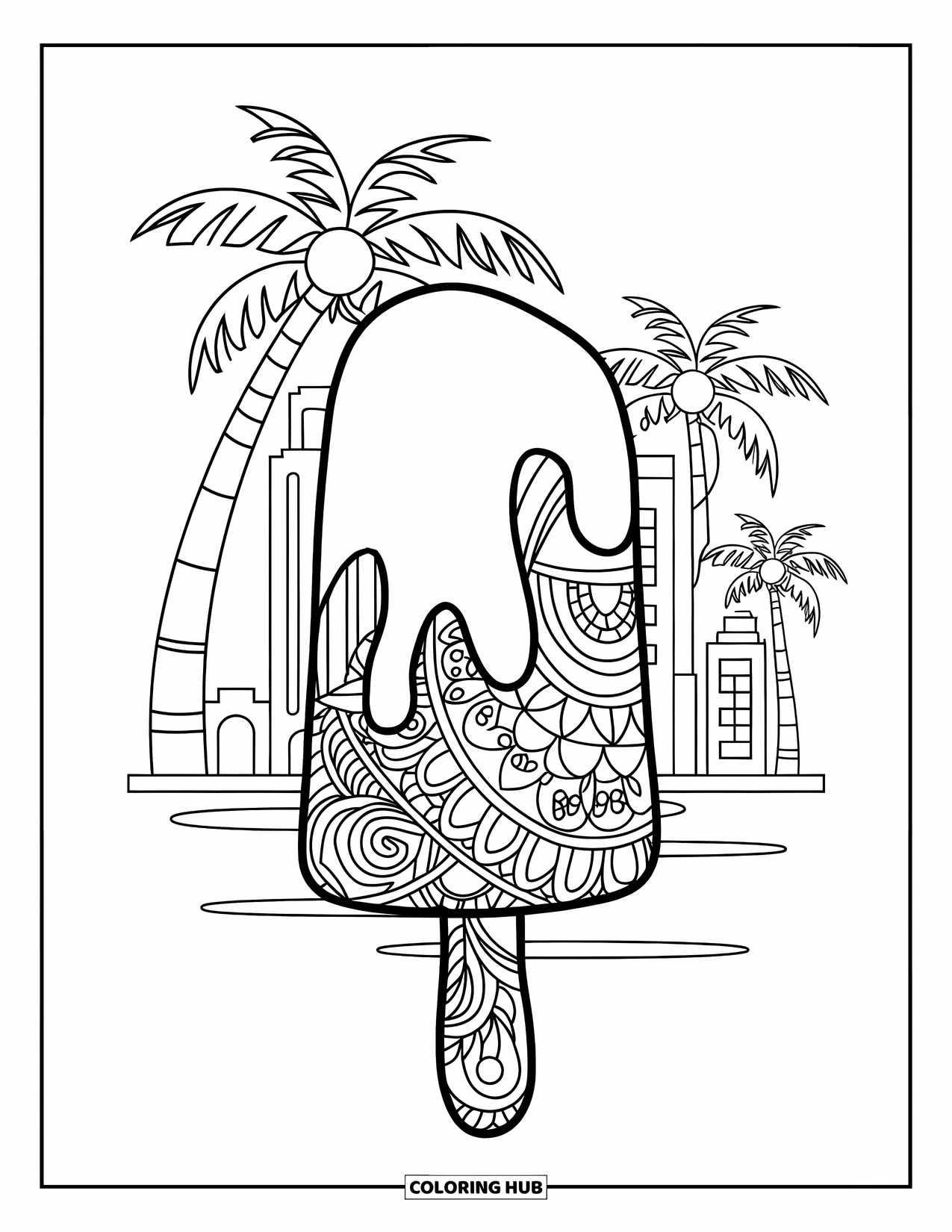 Popsicle Coloring Page for Kids: A stylish popsicle with artistic patterns, set against a summer cityscape