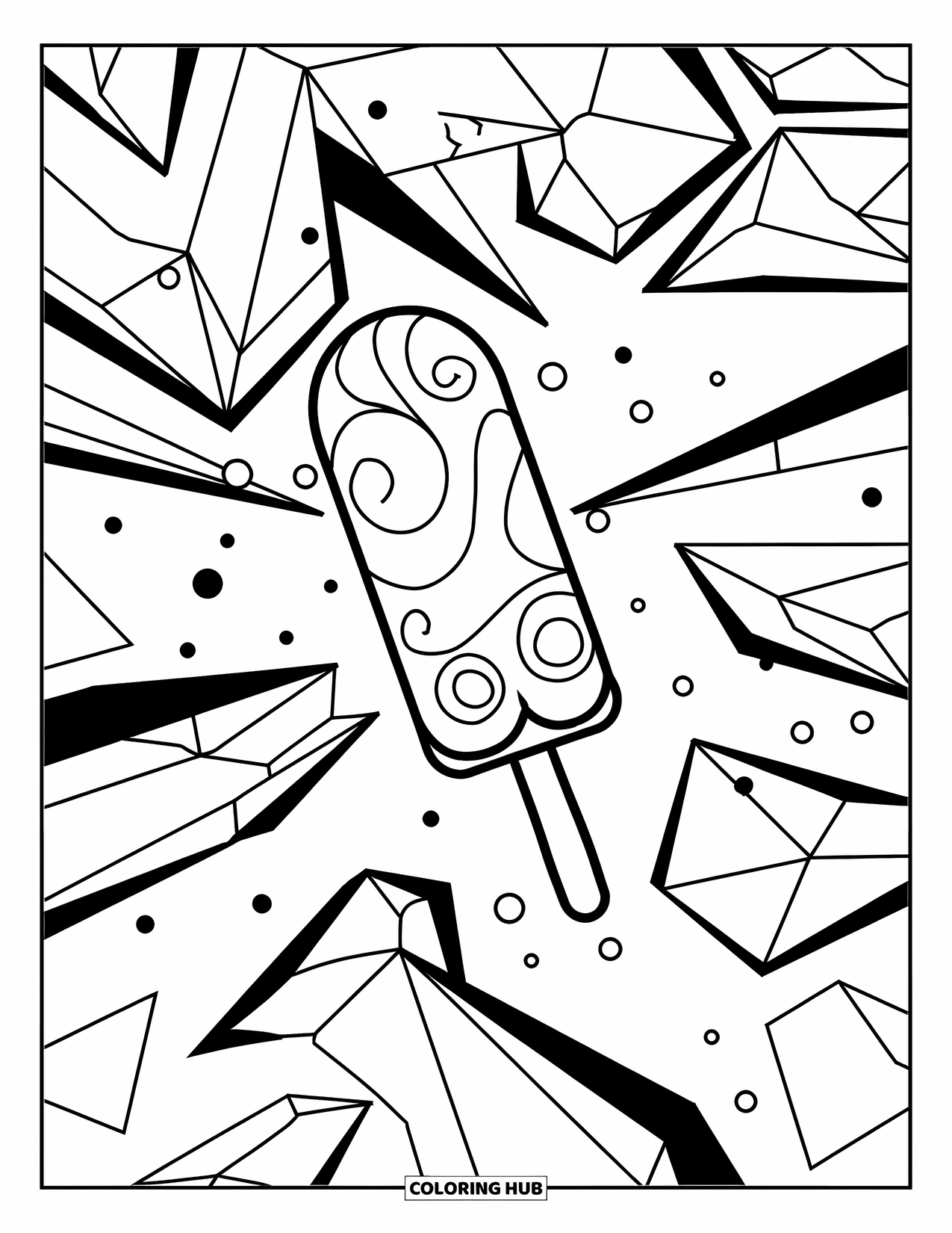 Popsicle Coloring Page for Kids: A stylish popsicle with dripping swirls, surrounded by bold geometric patterns