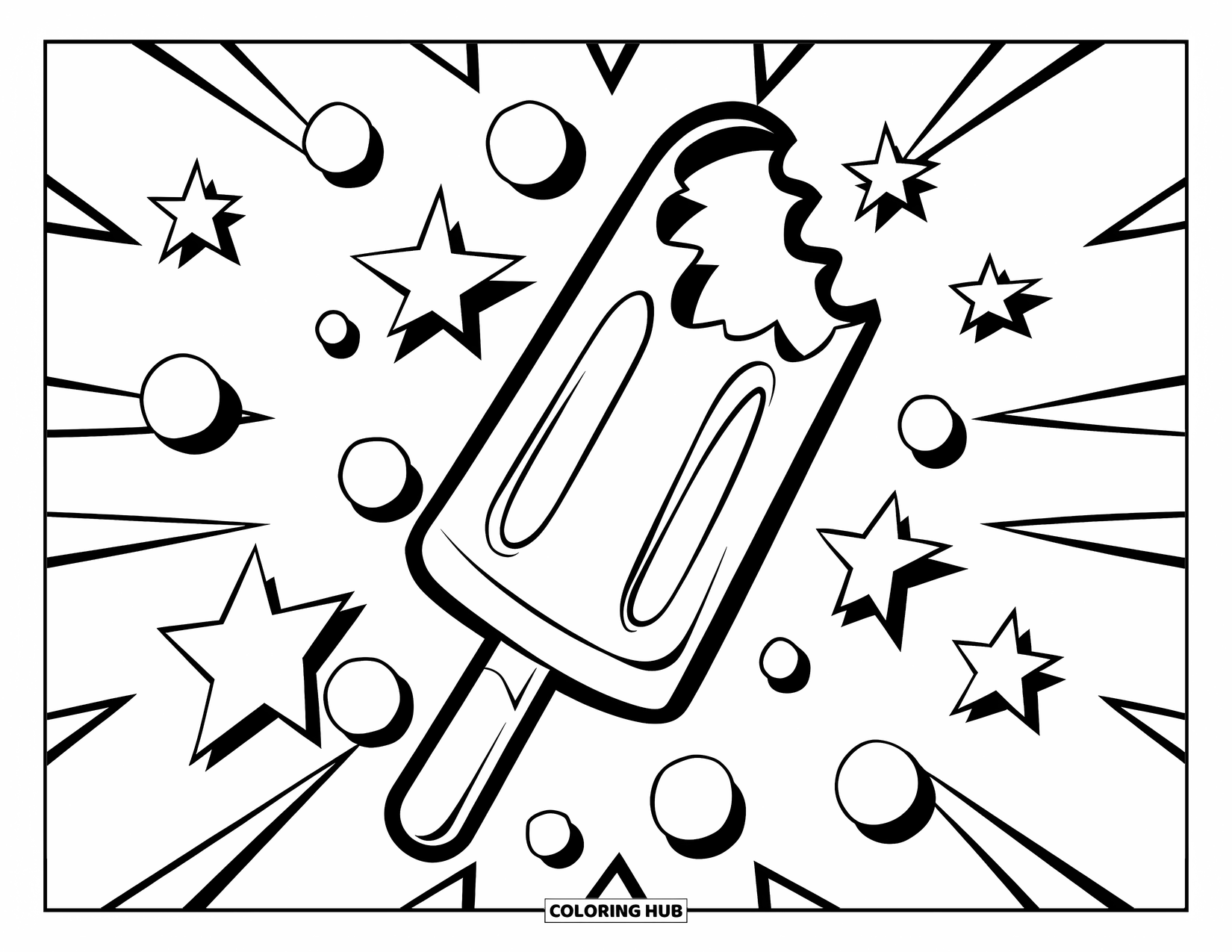 Popsicle Coloring Page for Kids: A sweet popsicle with a heart-shaped bite, surrounded by playful dots and stars