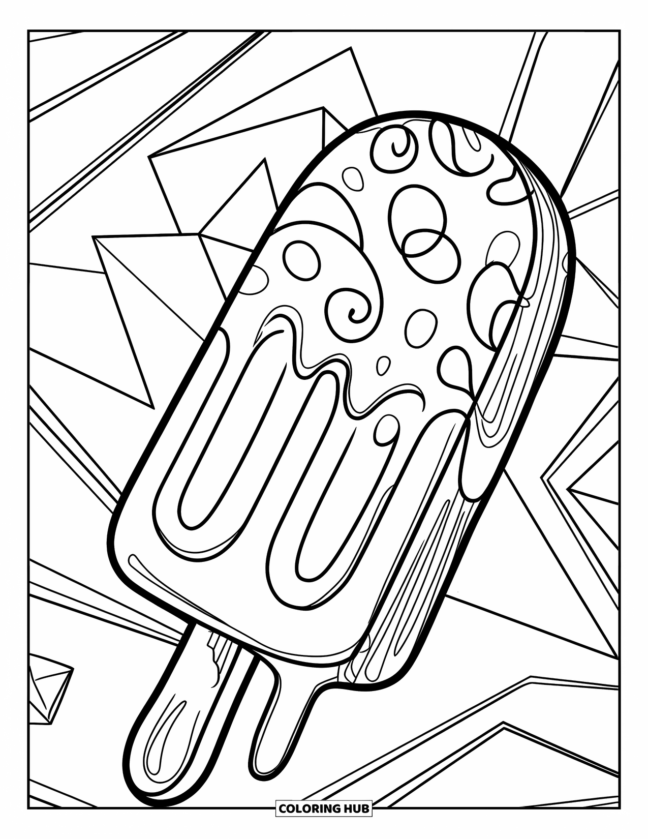 Popsicle Coloring Page for Kids: A swirled popsicle with intricate drips, set against abstract geometric shapes