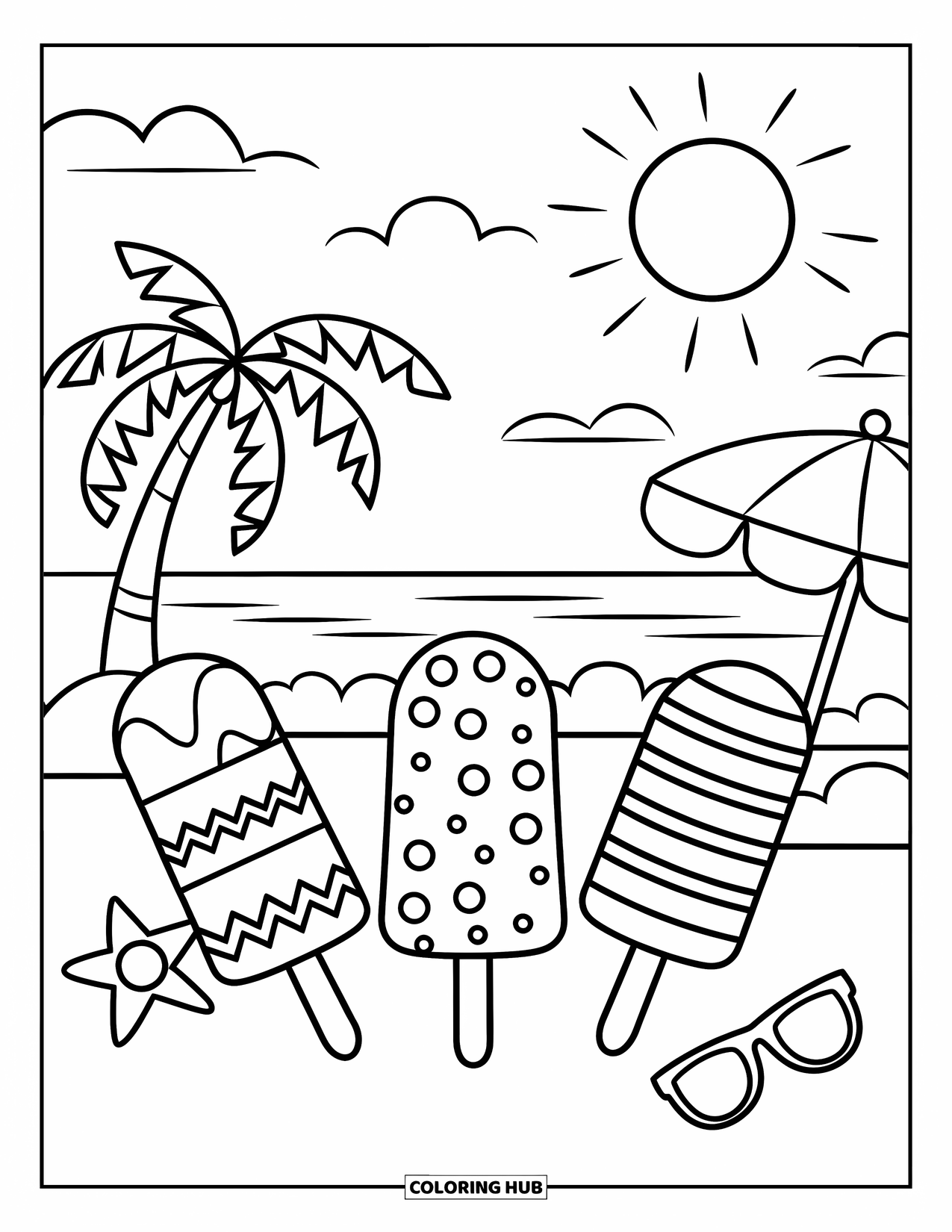 Popsicle Coloring Page for Kids: A trio of fun popsicles with unique patterns, set against a bright beach background