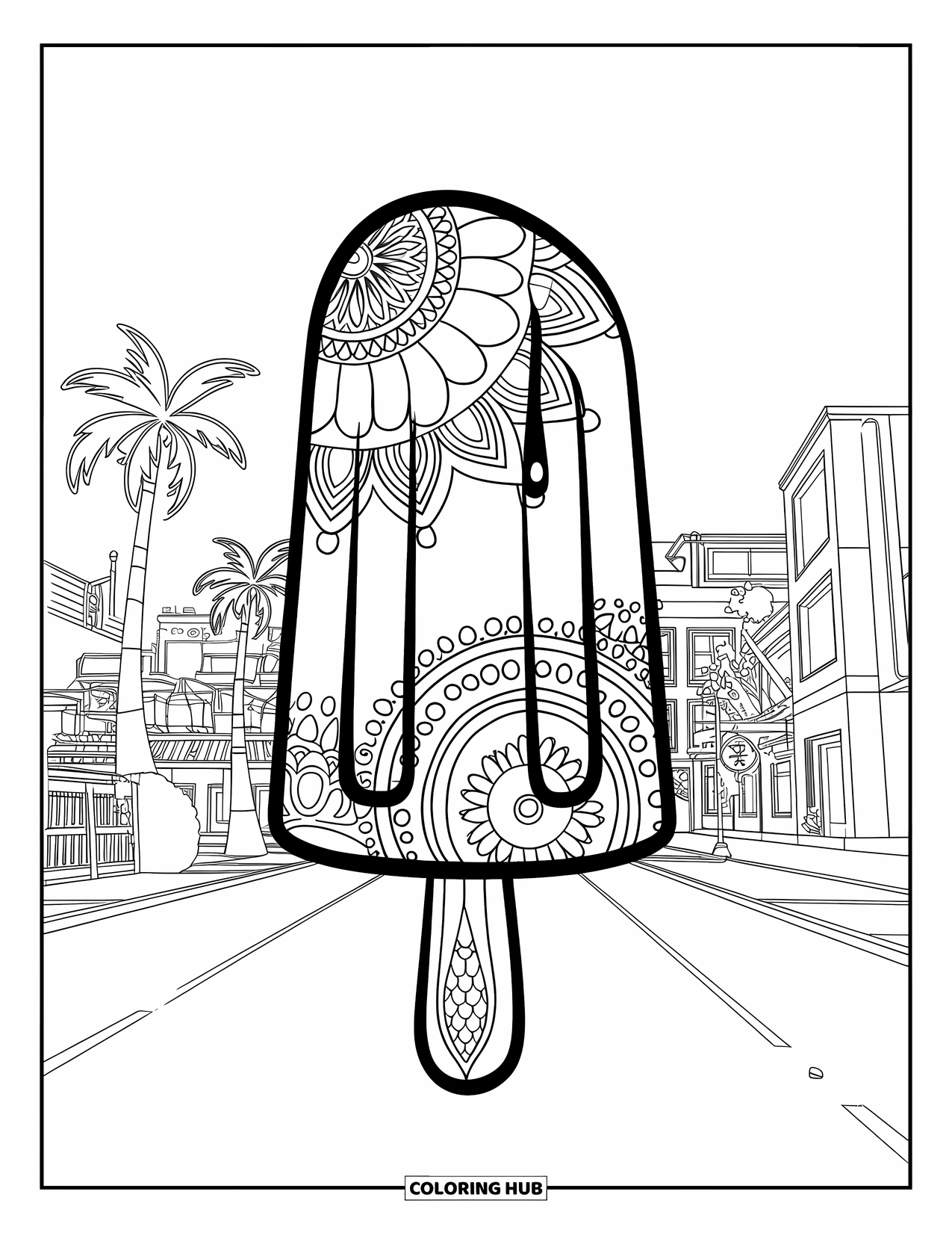 Popsicle Coloring Page for Kids: An artistic popsicle with mandala patterns, placed before a scenic summer city