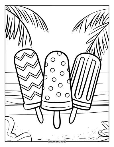 Coloriage de glace à l'eau pour enfants : Trois glaces à l'eau à motifs reposant sur une plage de sable avec des palmiers