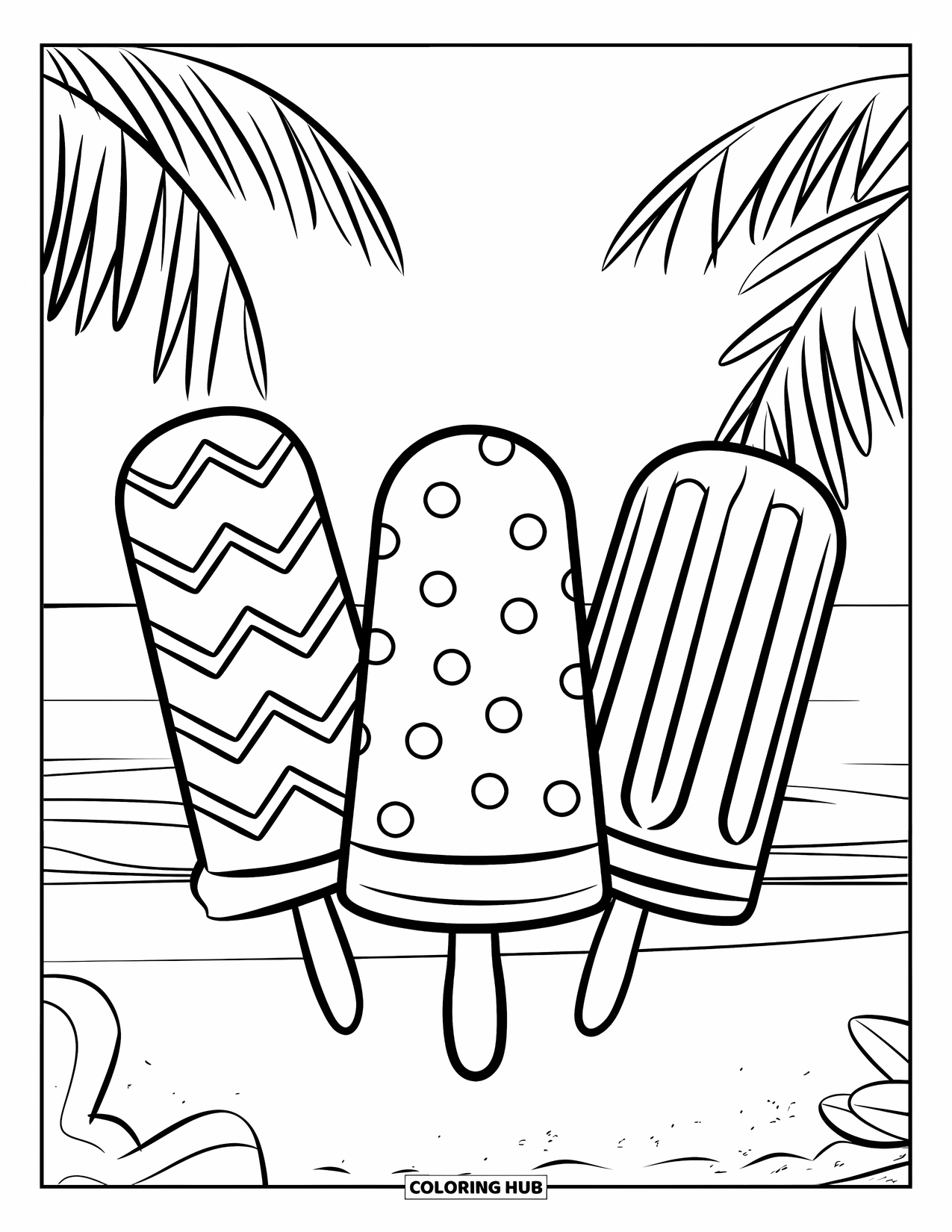 Popsicle Coloring Page for Kids: Three patterned popsicles resting on a sandy beach with palm trees