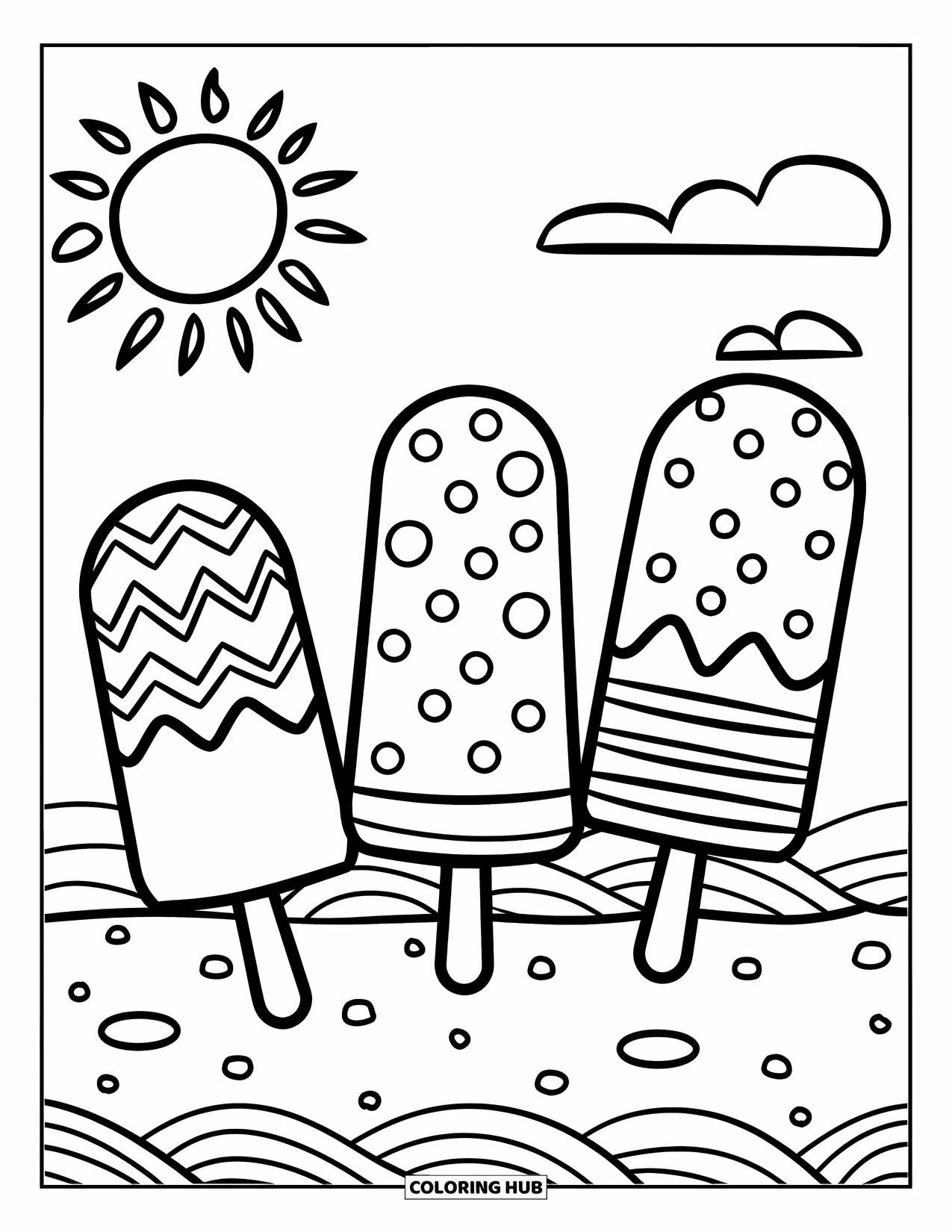 Popsicle Coloring Page for Kids: Three popsicles with fun patterns, sitting on a sunny beach