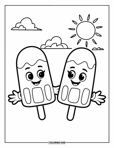 Coloriage de glace à l'eau pour enfants : Deux glaces à l'eau se tenant la main, sur fond de ciel lumineux et joyeux avec des nuages duveteux