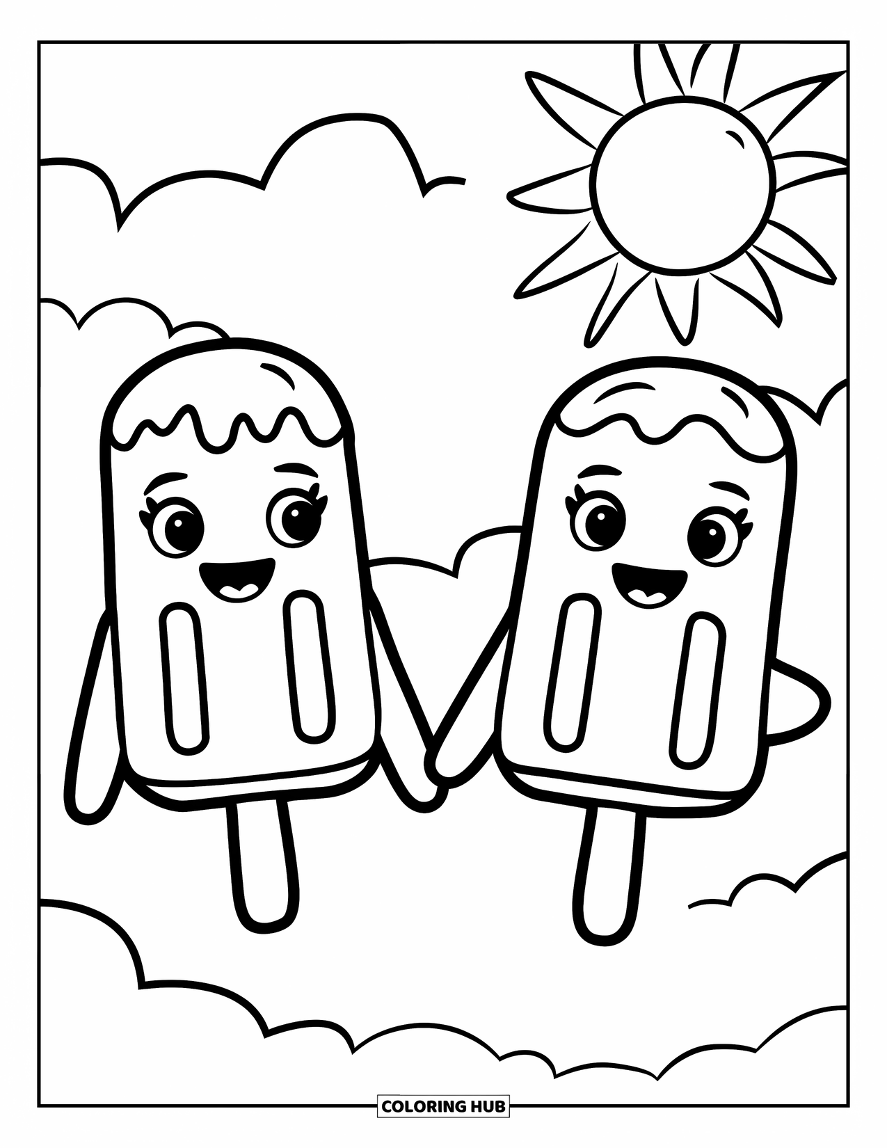 Popsicle Coloring Page for Kids: Two smiling popsicles holding hands, enjoying a bright and sunny day
