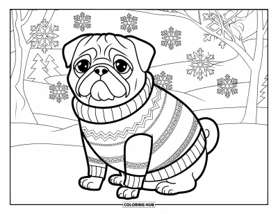 Coloriage de carlin pour adultes : Un carlin emmitouflé est assis sur un paysage enneigé avec des arbres et des flocons de neige tourbillonnants