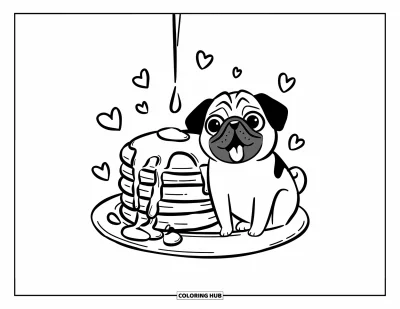 Coloriage de carlin pour adultes : Un carlin joyeux est assis à côté d’une grande pile de crêpes, avec du sirop qui dégouline