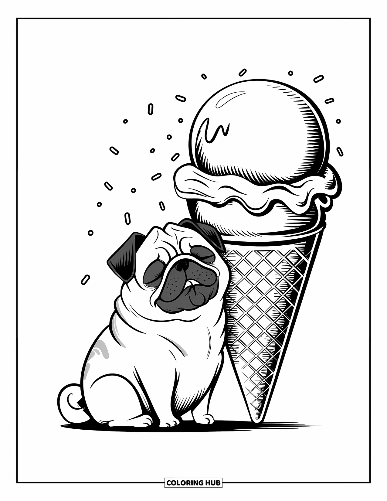 Pug Coloring Page for Adults: A chubby pug enjoys a giant ice cream cone, with sprinkles floating around