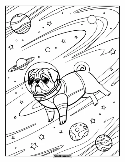 Coloriage de carlin pour adultes : Un carlin cosmique flotte dans l’espace, entouré de galaxies, d’étoiles et de nébuleuses tourbillonnantes