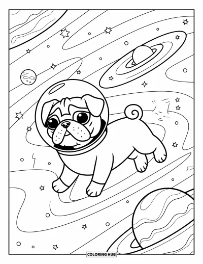 Coloriage de carlin pour adultes : Un carlin cosmique flotte dans l’espace, portant un casque, entouré de galaxies et d’étoiles tourbillonnantes