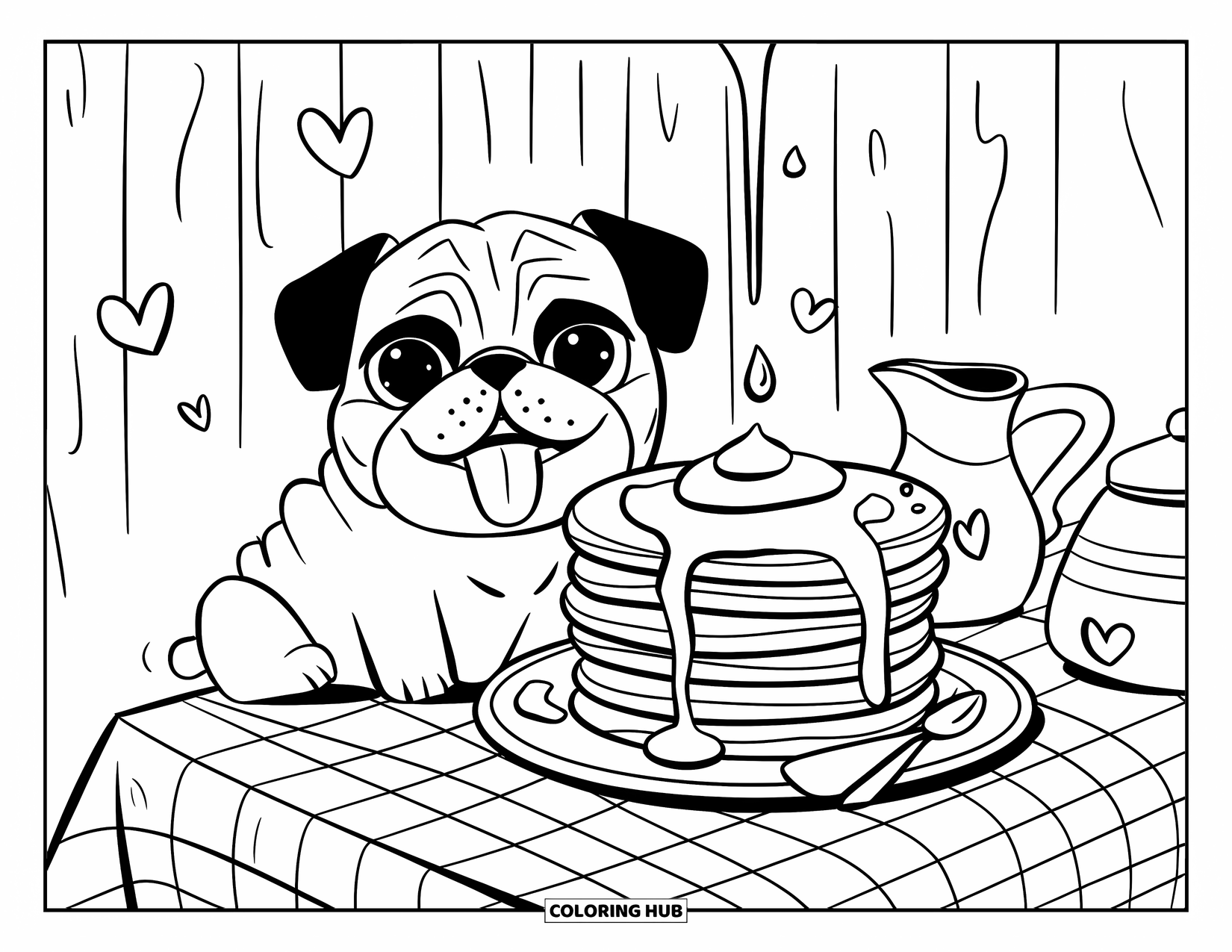 Pug Coloring Page for Adults: A cozy pug enjoys a plate of pancakes, with a teapot and a checkered tablecloth nearby