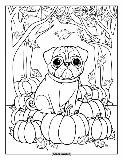 Coloriage de carlin pour adultes : Un carlin confortable se repose sur une pile de citrouilles, avec des feuilles d’automne tombant autour