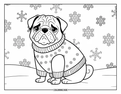 Coloriage de carlin pour adultes : Un carlin confortable porte un pull d’hiver tout en étant assis sur un sol enneigé avec de délicats flocons de neige