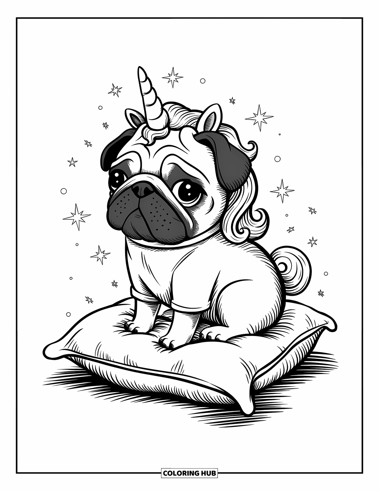 Pug Coloring Page for Adults: A cute pug dressed as a unicorn sits on a fluffy pillow, surrounded by starry sparkles