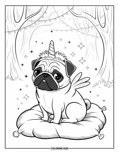 Coloriage de carlin pour adultes : Un carlin rêveur déguisé en licorne est assis dans une forêt magique remplie de guirlandes lumineuses
