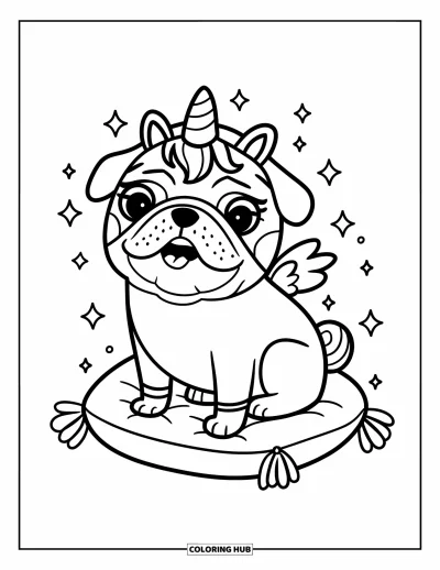 Coloriage de carlin pour adultes : Un carlin heureux avec un serre-tête de licorne et de minuscules ailes se prélasse sur un oreiller moelleux