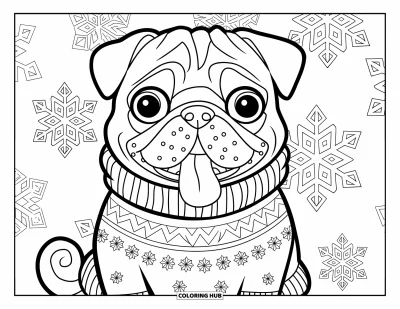 Coloriage de carlin pour adultes : Un carlin joyeux dans un pull d’hiver tire la langue, entouré de flocons de neige complexes