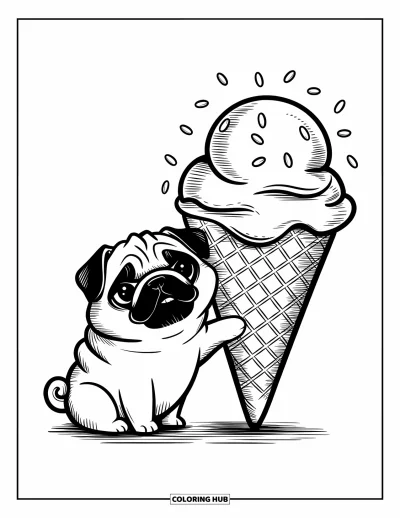 Coloriage de carlin pour adultes : Un carlin heureux repose une patte sur un cornet de crème glacée surdimensionné avec un motif gaufré ondulé