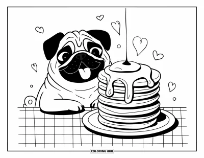 Coloriage de carlin pour adultes : Un carlin joyeux repose ses pattes sur une assiette de crêpes, entouré de cœurs flottants