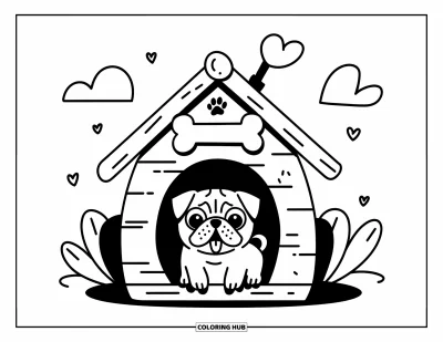 Coloriage de carlin pour adultes : Un carlin joyeux est assis dans une niche confortable avec un panneau en forme d’os et des nuages en forme de cœur