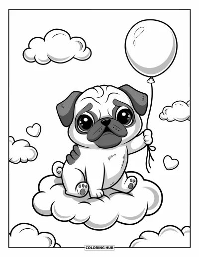 Coloriage de carlin pour adultes : Un carlin kawaii se repose sur un nuage moelleux, tenant un ballon alors que de minuscules cœurs flottent à proximité