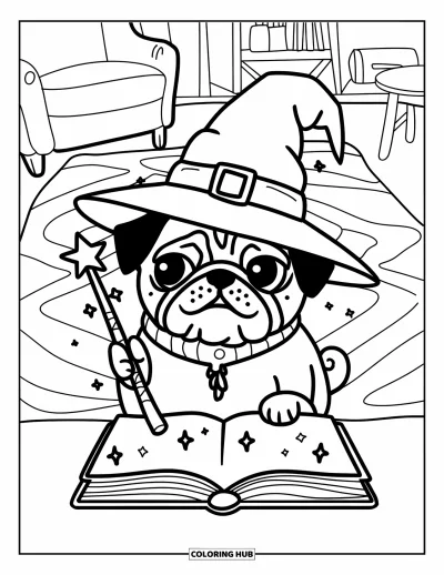 Coloriage de carlin pour adultes : Un carlin magique dans un chapeau de sorcier souple est assis dans une pièce confortable avec un grimoire lumineux