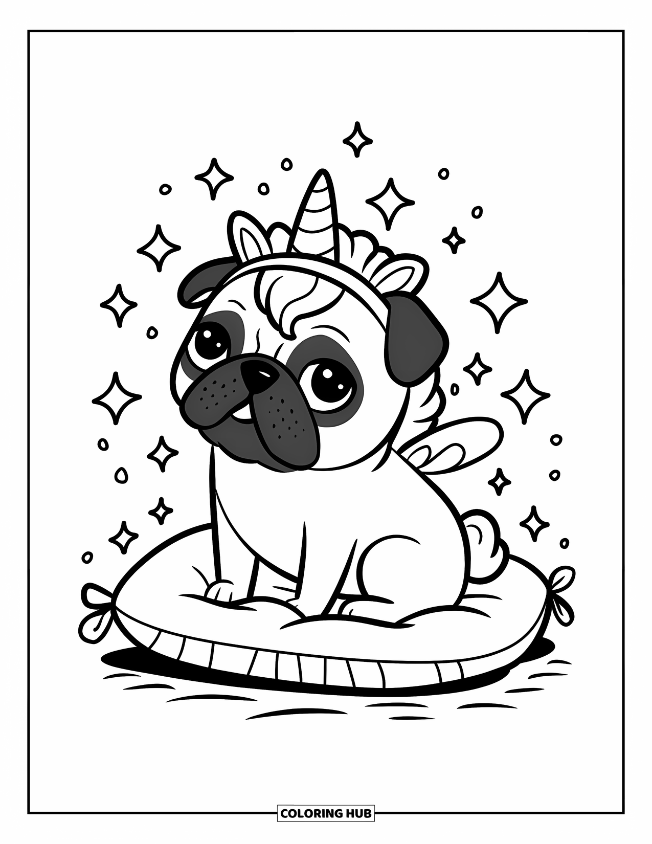 Pug Coloring Page for Adults: A magical pug with a unicorn horn and wings sits on a fluffy pillow, surrounded by sparkles