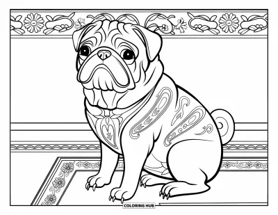 Coloriage de carlin pour adultes : Un carlin majestueux est assis sur un tapis à motifs, décoré d’élégantes spirales et de détails cachemire