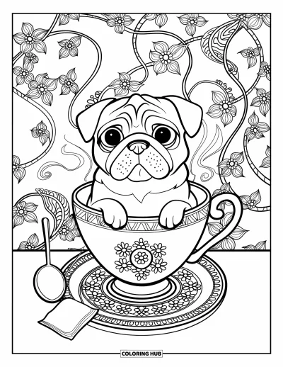 Coloriage de carlin pour adultes : Un carlin enjoué jette un coup d’œil hors d’une élégante tasse à thé, entouré de vapeur, de fleurs et d’un sachet de thé