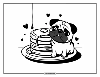 Coloriage de carlin pour adultes : Un carlin enjoué est assis près d’une pile de crêpes, regardant le sirop couler