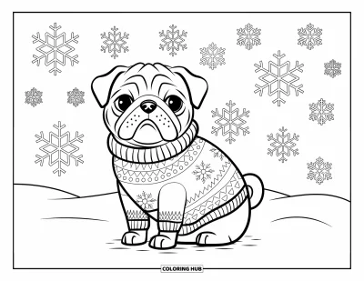 Coloriage de carlin pour adultes : Un carlin dans un pull chaud est assis dans la neige, entouré de flocons de neige tombant complexes