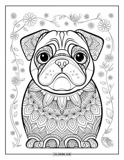 Coloriage de carlin pour adultes : Le visage expressif d’un carlin est orné de motifs de mandala complexes et entouré de fleurs