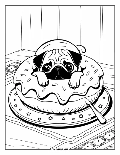 Coloriage de carlin pour adultes : Un carlin détendu se blottit dans un beigne géant, couché sur une jolie assiette avec des étoiles décoratives