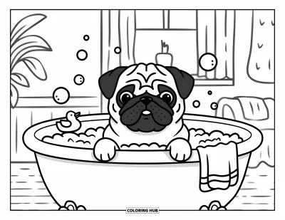Coloriage de carlin pour adultes : Un carlin détendu se trempe dans un bain moussant, entouré de canards en caoutchouc et de bulles flottantes