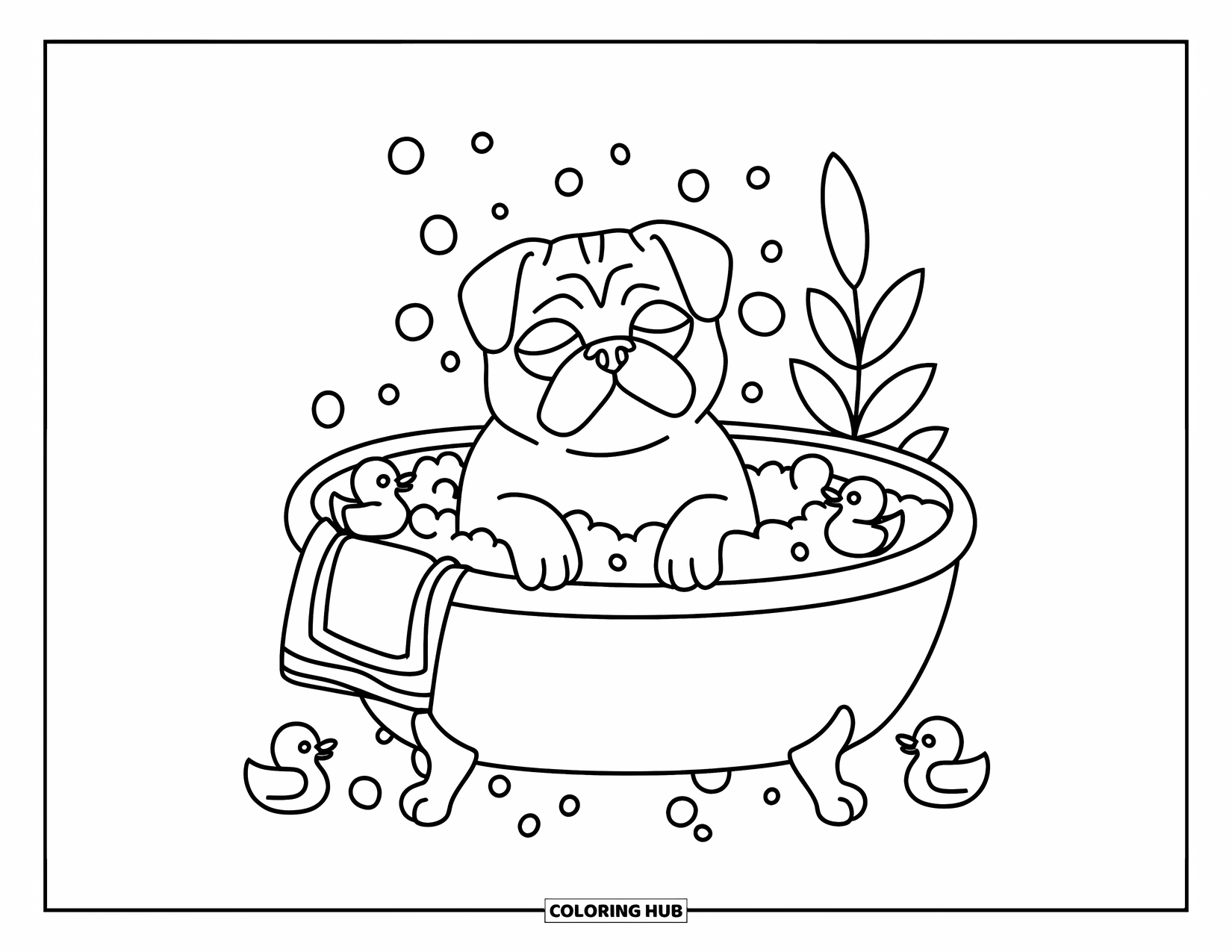 Pug Coloring Page for Adults: A sleepy pug lounges in a warm bath filled with bubbles and tiny rubber ducks
