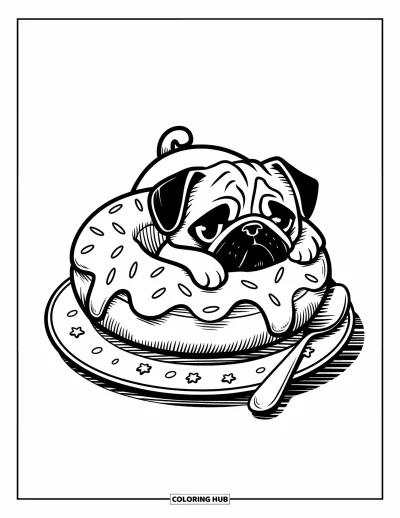 Coloriage de carlin pour adultes : Un carlin endormi se repose au centre d’un beigne géant, ses minuscules pattes pendant au-dessus du bord