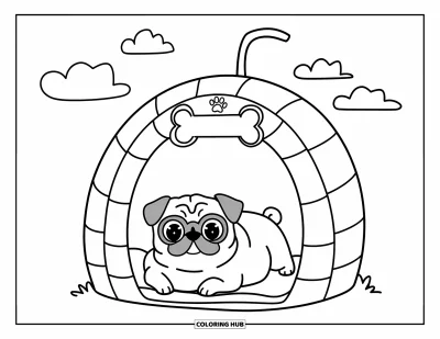 Coloriage de carlin pour adultes : Un carlin blotti est allongé à l’intérieur d’une niche ronde, entouré de nuages en forme de cœur