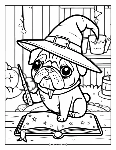 Coloriage de carlin pour adultes : Un minuscule carlin déguisé en sorcier tient une baguette magique à côté d’un grimoire ouvert