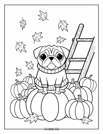 Coloriage de carlin pour adultes : Un carlin chaleureux dans un pull est assis parmi les citrouilles tandis que les feuilles d’automne tombent doucement