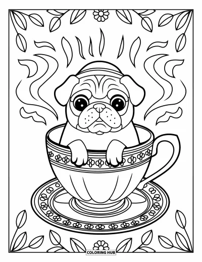 Coloriage de carlin pour adultes : Un carlin fantaisiste est assis dans une tasse à thé ornée, portant un minuscule chapeau avec de la vapeur tourbillonnante autour